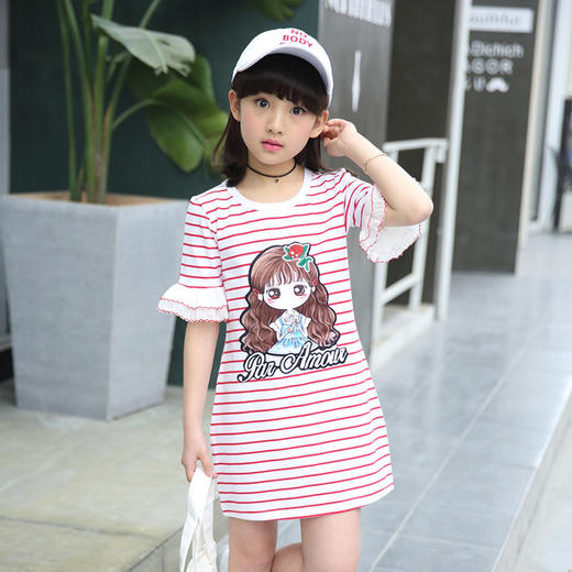 。【女童短袖】夏装儿童韩版短袖T恤夏季新款女童中长款大童条纹印花打底衫 商品图0
