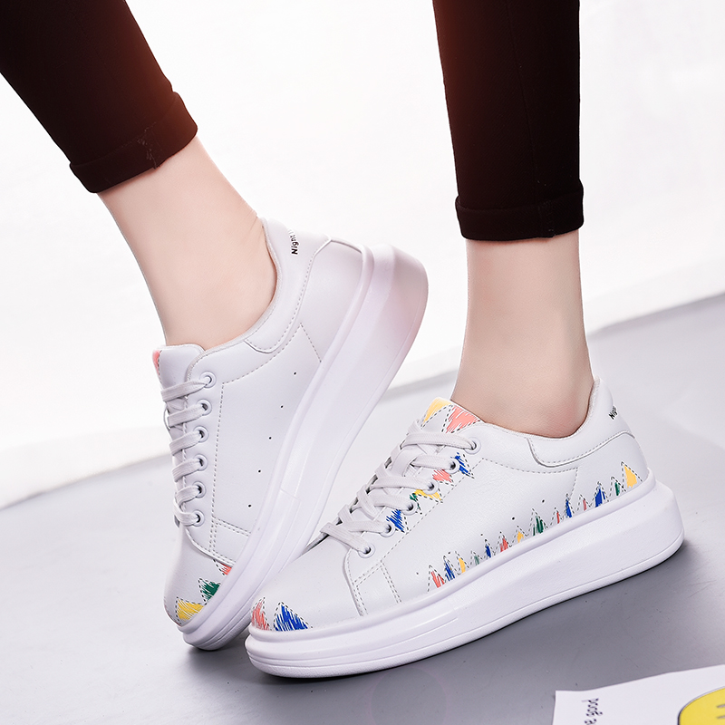 奥古狮登新款涂鸦个性小白鞋韩版休闲女鞋