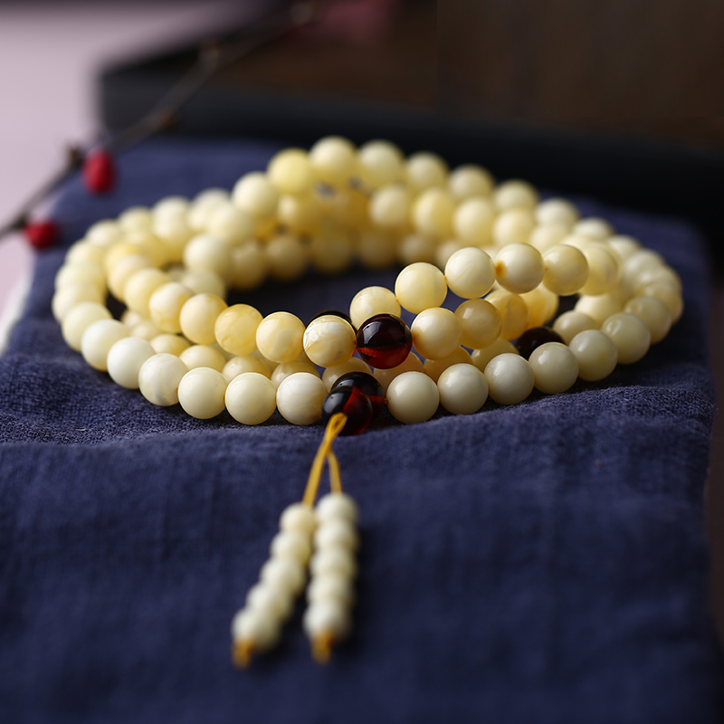 天然无优化雪花白琥珀蜜蜡108颗长串念珠 香蜜 - 因爱结缘