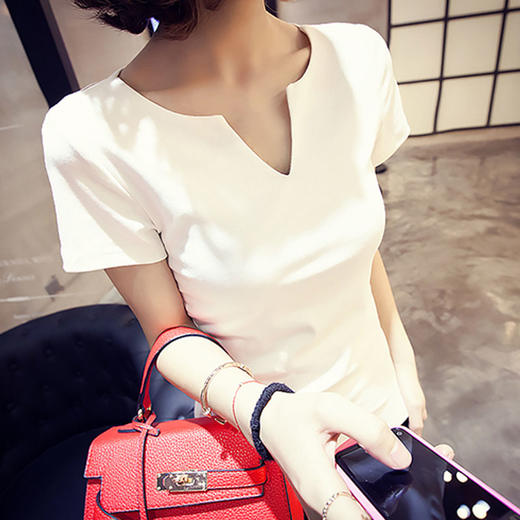 【红发】新款春夏纯棉小v领女装t恤短袖打底衫女修身百搭上衣圆领