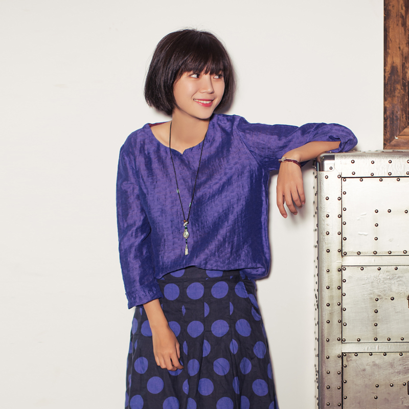 绽放b127朵/阑珊梦/蓝紫色圆领衬衫女2017夏季新款上衣宽松