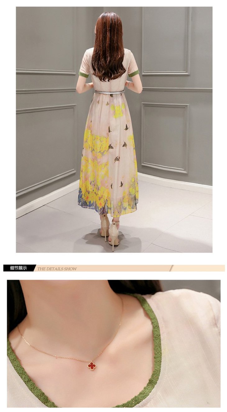 丝柏舍女装2017夏装新款圆领短袖长款印花修身显瘦连衣裙s72r0130