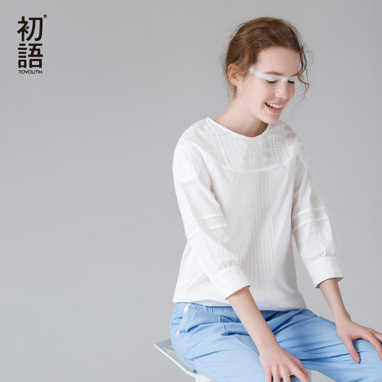 初语 白衬衫女韩范七分袖上衣宽松纯棉衬衣圆领套头女装8720222007