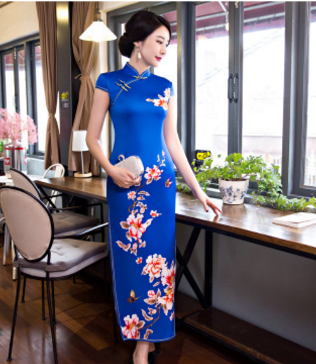 tm1826蓝色丝绸旗袍