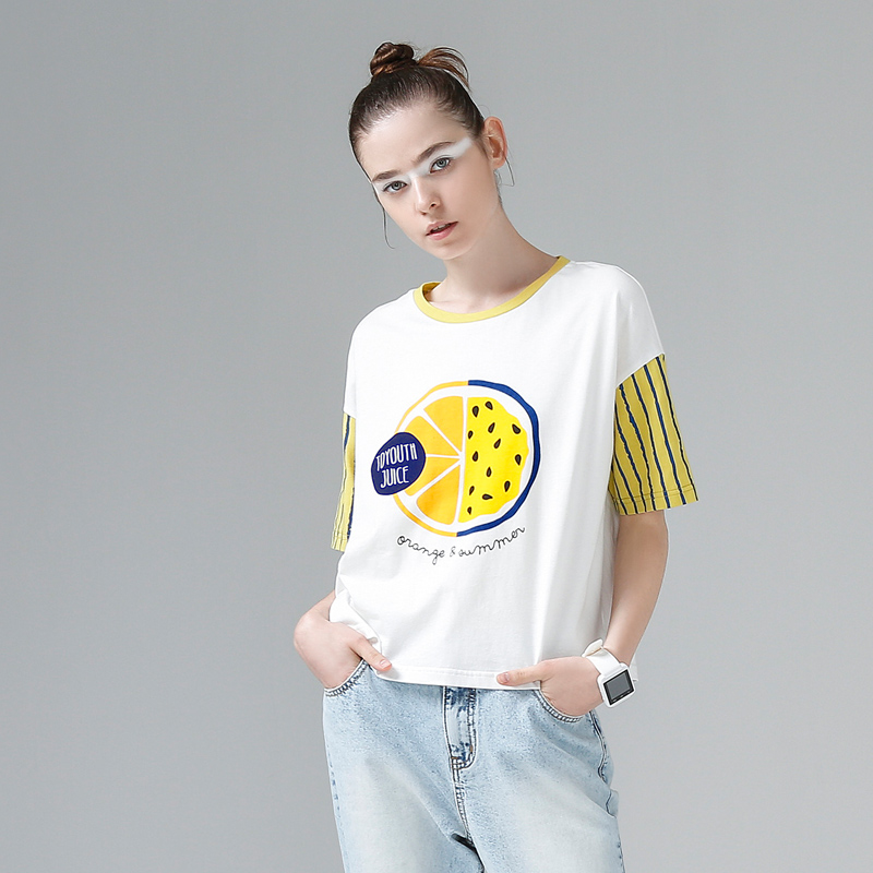 初语 圆领条纹橙子果汁印花短袖t恤女纯棉宽松短款上衣潮8720121031