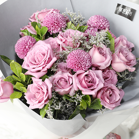 紫烟----紫色玫瑰乒乓菊混搭花束