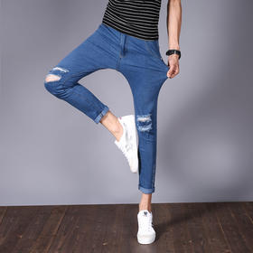 【服饰鞋包】。夏季薄款九分牛仔裤男青年小脚修身型韩版破洞哈伦裤男士裤子