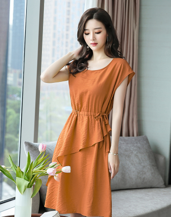 p70圆领时尚宽松系带棉麻连衣裙