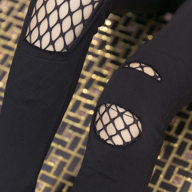 2017夏季新款韩版薄款渔网破洞九分裤女士紧身高腰黑色打底裤外穿