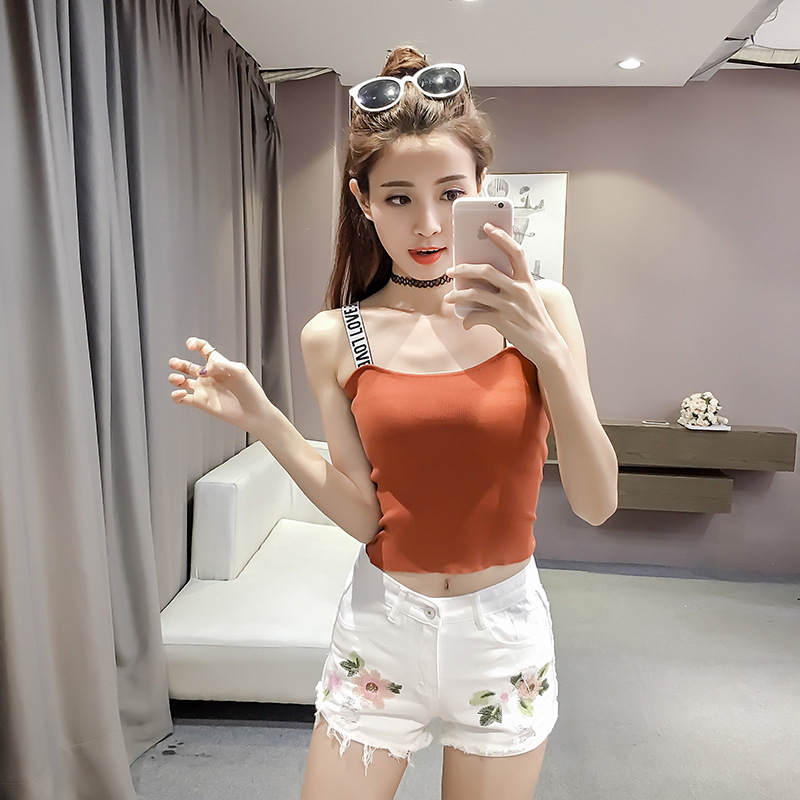 17春夏装新款欧美英文字母吊带背心女短款针织弹力修身