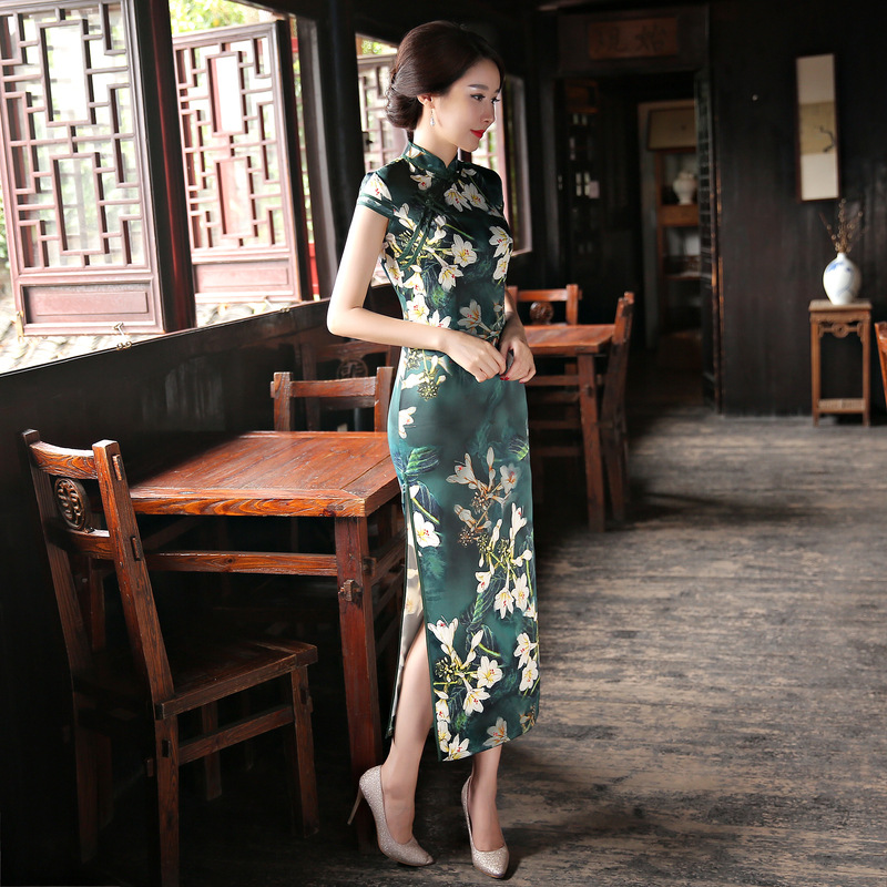 qd871喇叭花长款旗袍