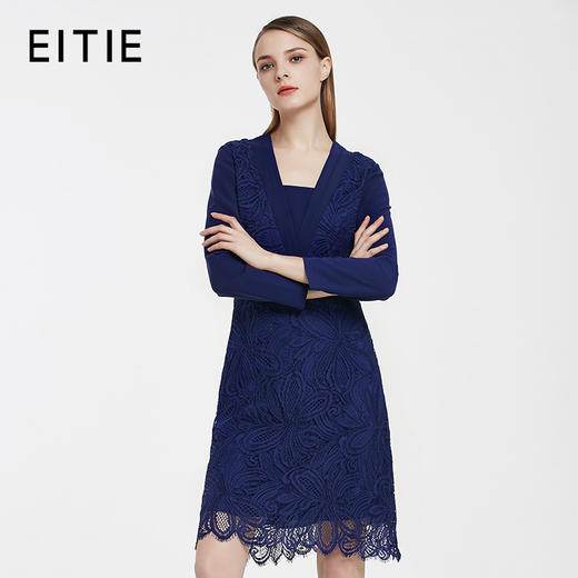 EITIE爱特爱秋季连衣裙女优雅V领蕾丝钩花中长款女士裙子5407122 商品图1