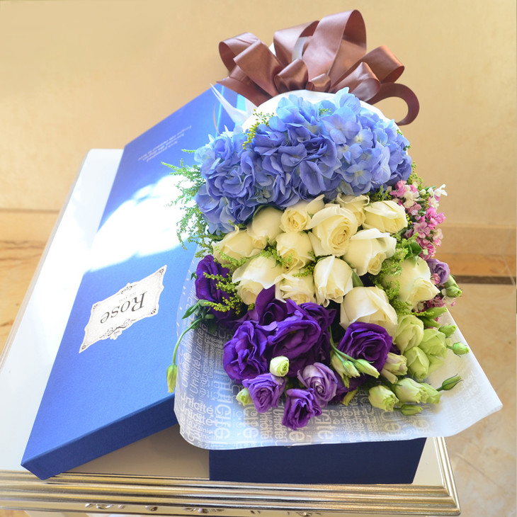 绣球玫瑰混搭精美时尚创意花束礼盒-送女朋友亲友老师领导生日节日