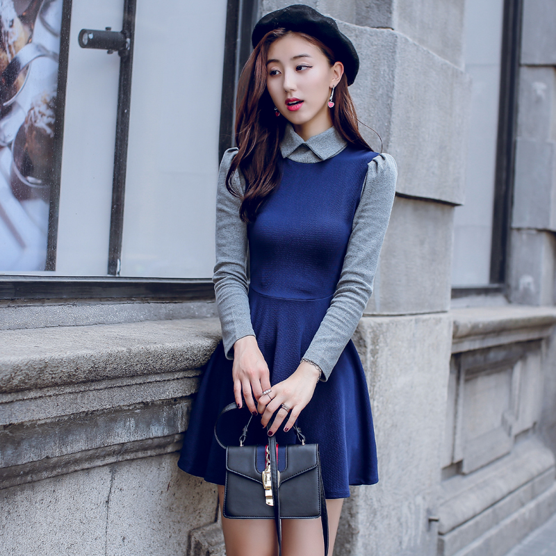 【寒冰紫雨】 时尚气质潮流裙子 秋季女装polo领长袖连衣裙 aaa2537
