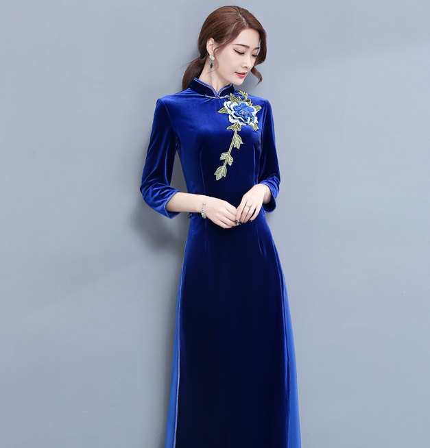 x7021奥黛金丝绒刺绣连衣裙