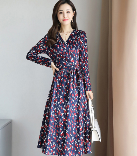 al jnfgn7033 中国风花色优雅收腰褶皱连衣裙