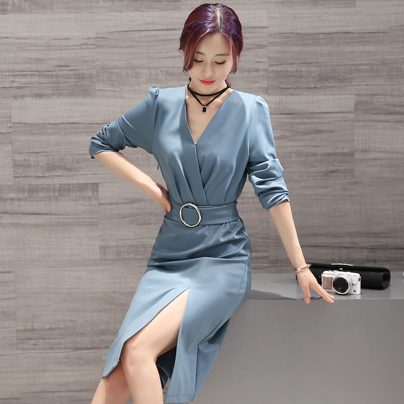 【寒冰紫雨】 连衣裙女秋装性感女装深v领包臀开叉铅笔长袖连衣裙 aaa