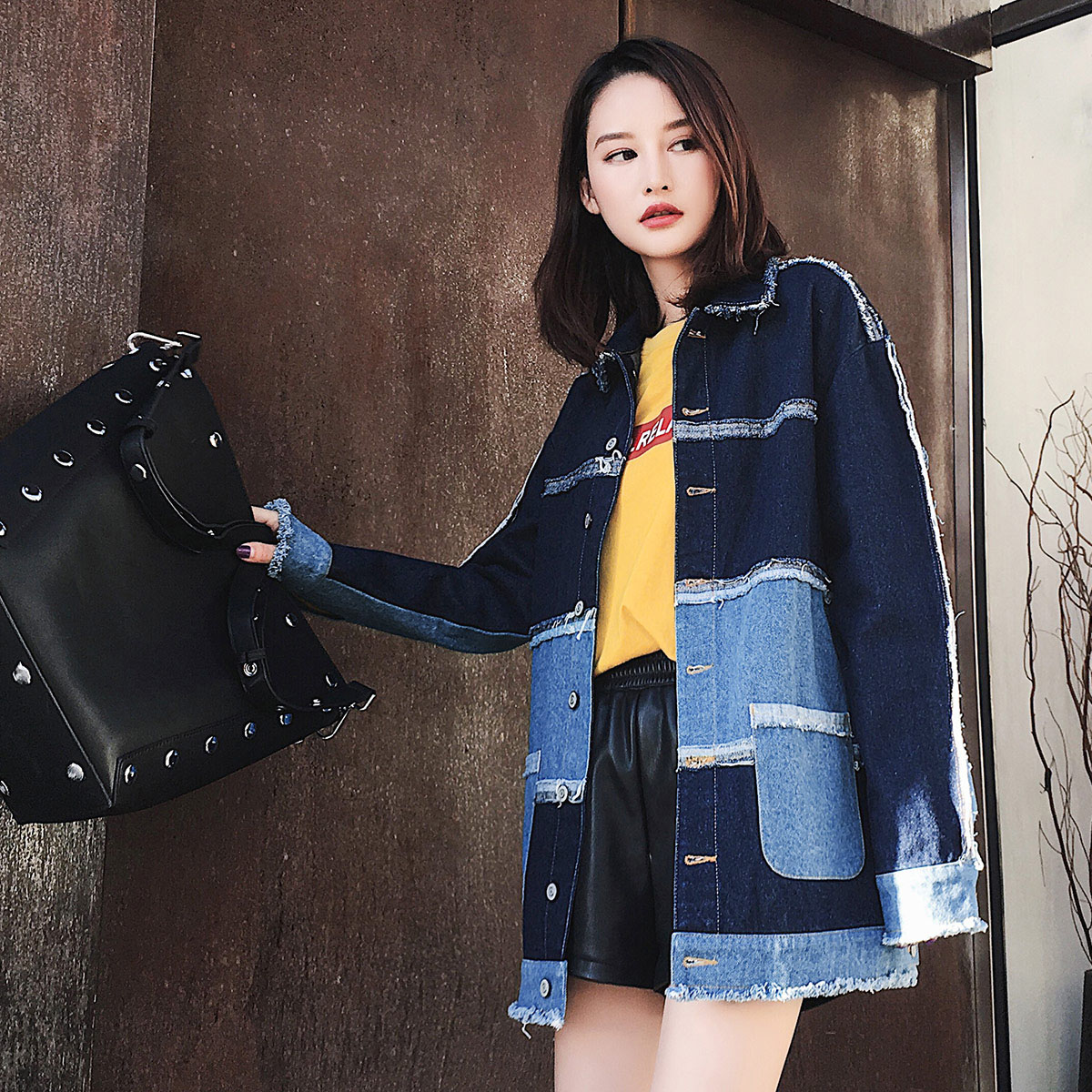 拼接牛仔衣服外套女宽松韩版bf原宿风学生百搭中长款2017新款秋季7m