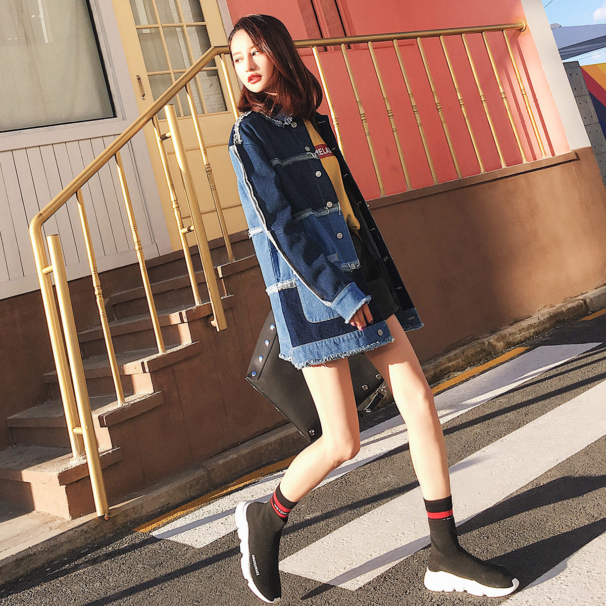 拼接牛仔衣服外套女宽松韩版bf原宿风学生百搭中长款2017新款秋季7m