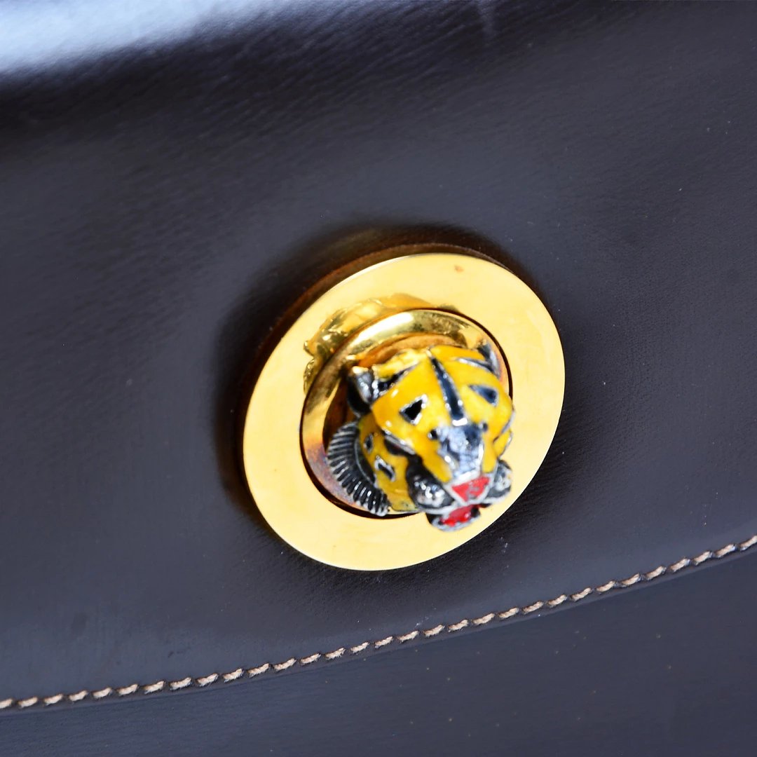 vintage gucci深棕色经典豹子扣手拎包