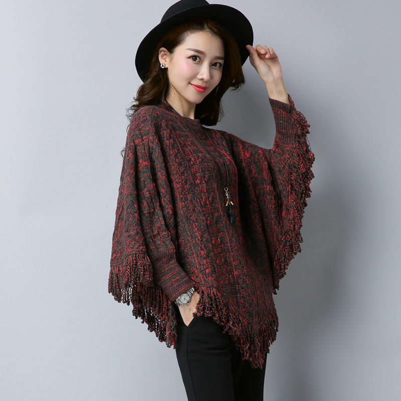 【爱妮时尚】2017秋装新款韩版宽松针织套头罩衫斗篷流苏披肩外套女