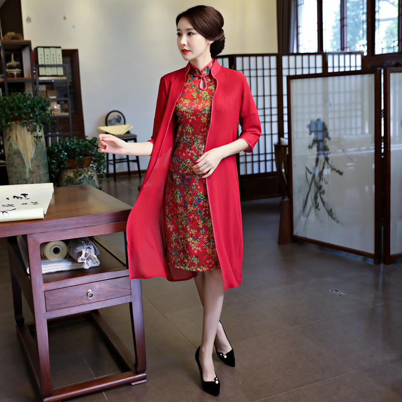 za摇钱树新款两件套奥黛旗袍