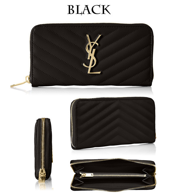 ysl 圣罗兰 女士斜菱格真皮拉链长钱包 黑色