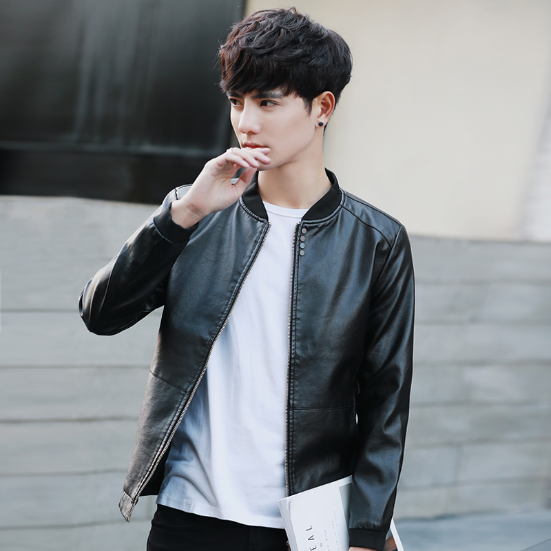 【寒冰紫雨】 春秋薄款帅气男士皮衣夹克韩版修身男式短款机车外套潮