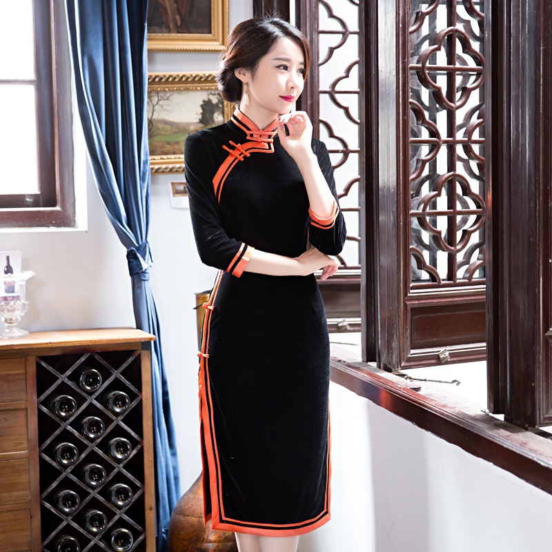 c6610民国风复古七分袖丝绒旗袍