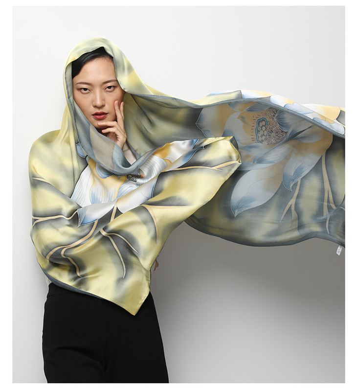 喜得宝手绘真丝双层长巾桑蚕丝1843秋冬新款丝巾