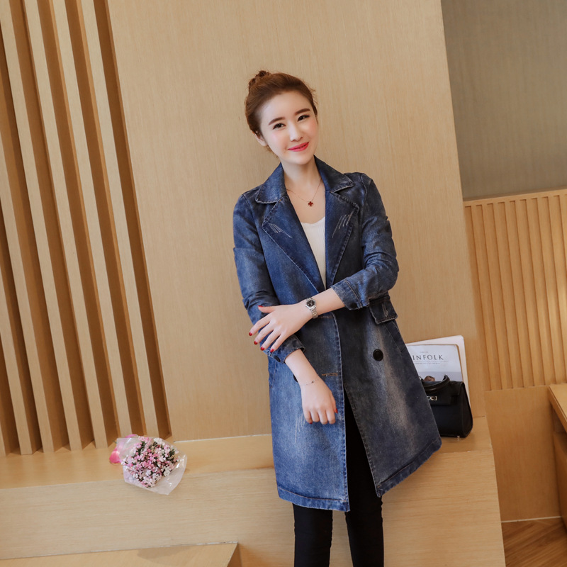 女装新款韩版中长款长袖显瘦学生西装领牛仔风衣休闲外套 初唯