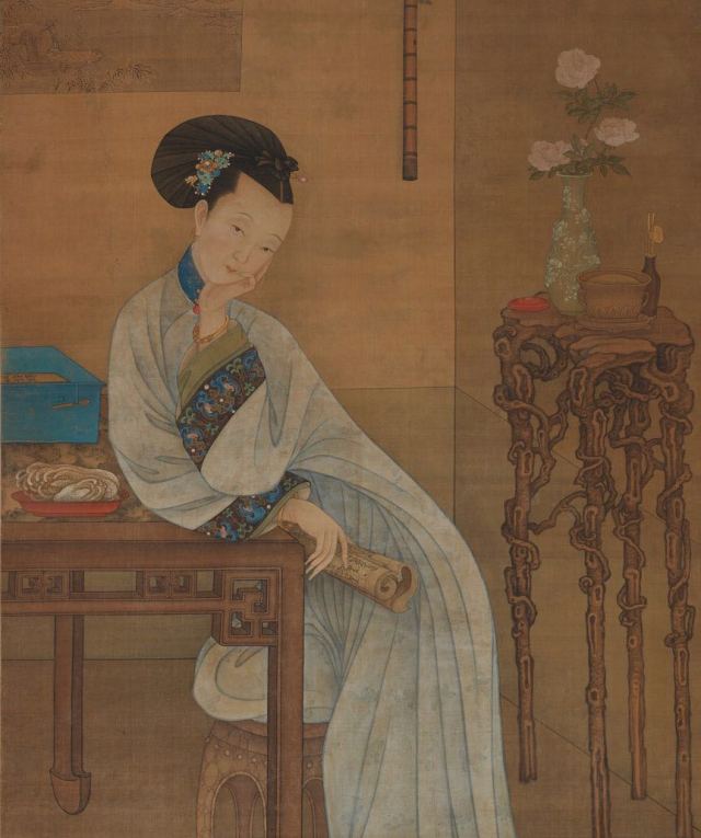 春闺卷读图 清 冷枚  绢本设色 175cm×105cm 天津博物馆藏