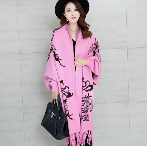 1606加厚中长款蝙蝠袖斗篷流苏披肩外套