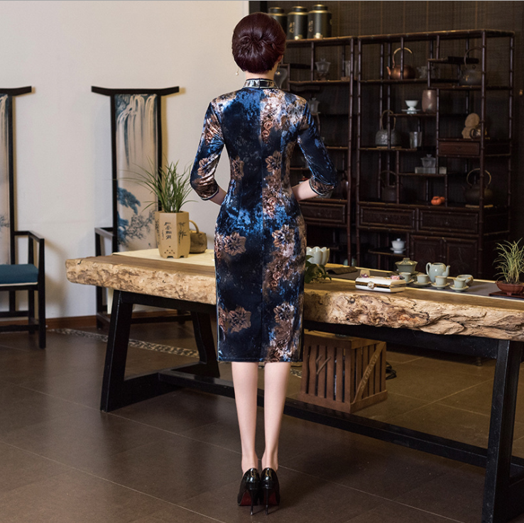 tzm3647纸醉金迷七分袖中长款丝绒旗袍