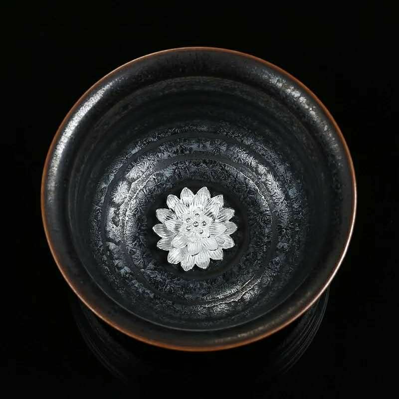 李甲栈天目瓷银主人杯,莲花,荷花,鱼. 选上要备注一下.谢谢
