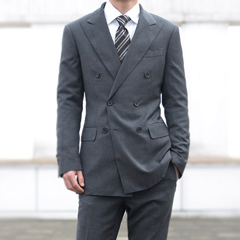 eabri男士深灰双排扣六粒扣枪驳领西服二件套装
