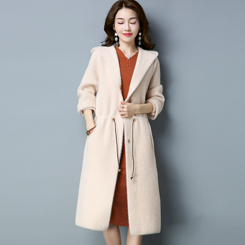 shj-jlz5713仿貂绒连帽针织收腰中长款大衣