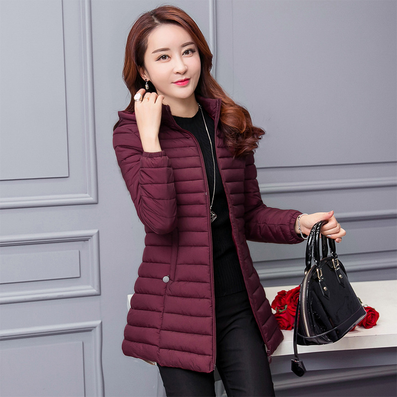 冬装冬季棉衣女中长款韩版轻薄连帽棉服修身大码外套