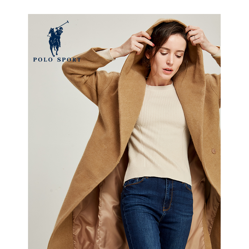 polo sport 秋冬新品女装长款呢大衣长袖连帽宽松外套英伦风厚款