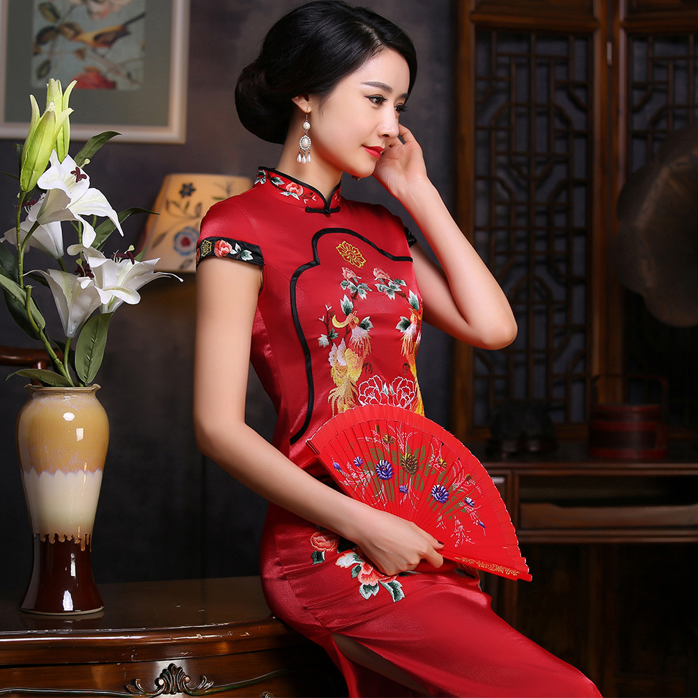 c8505红色礼服长款旗袍