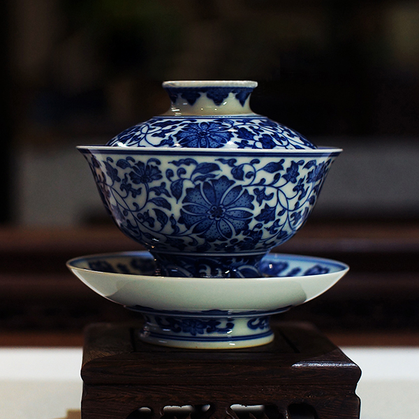 祖发窑 | 柴窑青花手绘青花内画缠枝莲高足盖碗