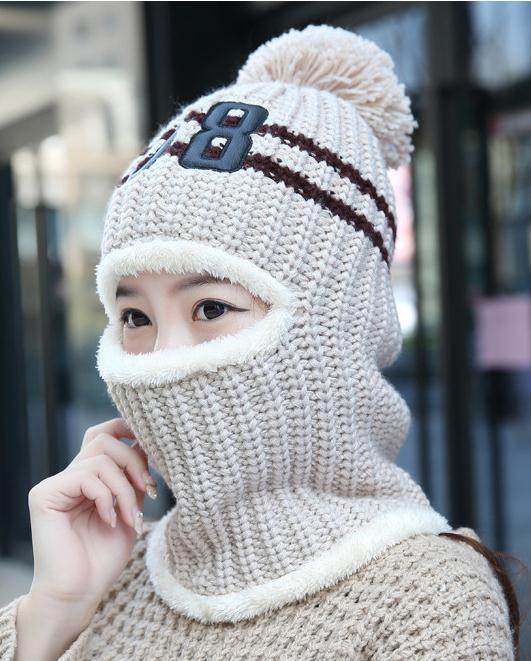 帽子 女冬毛线护耳加绒保暖针织帽女骑车防风护耳帽套头帽冬季女帽