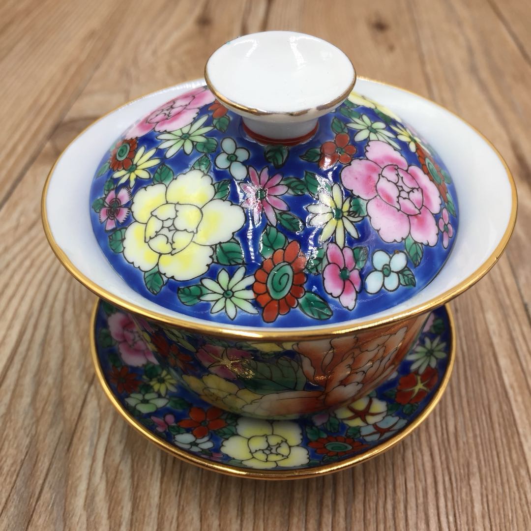 广彩蓝色牡丹茶盅 广府汇 广彩 非遗