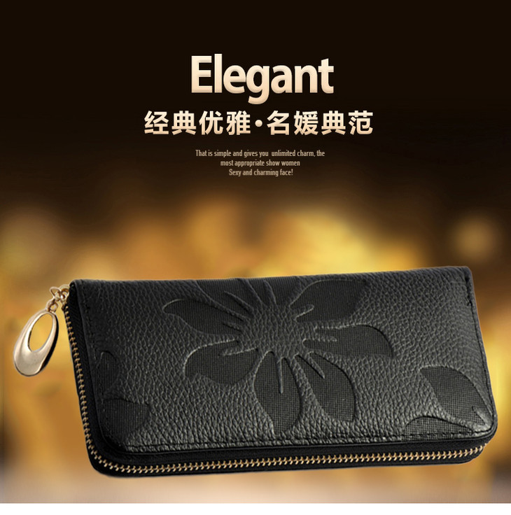 女士真皮长款钱包头层牛皮木棉花拉链包zl6617 - 织布鸟旗袍官方直营