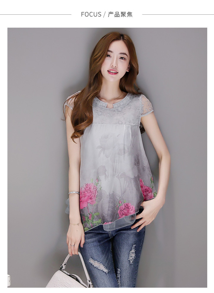 丝柏舍女装2018夏装新款圆领短袖套头印花宽松舒适雪纺衫s82r0527s