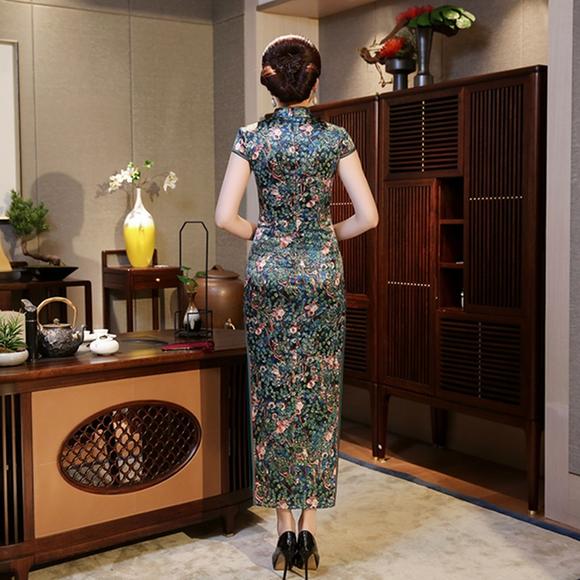YG-8830新款桑蚕丝长款中国风走秀优雅旗袍裙