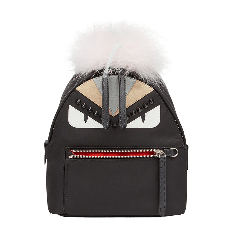 fendi/芬迪 女款zaino系列小怪兽白眼睛狐狸毛小牛皮迷你双肩包#8bz