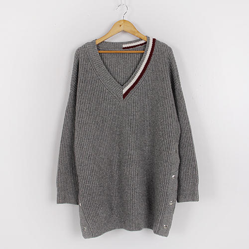 灰色春女V领套头韩版大v领针织毛衣宽松打底衫大码长袖短款 商品图0