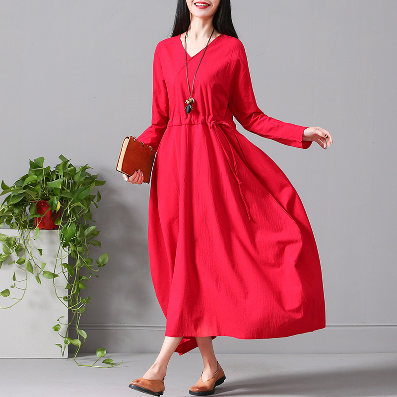 纯色v领宽松腰民族风棉麻连衣裙 货号lz1810