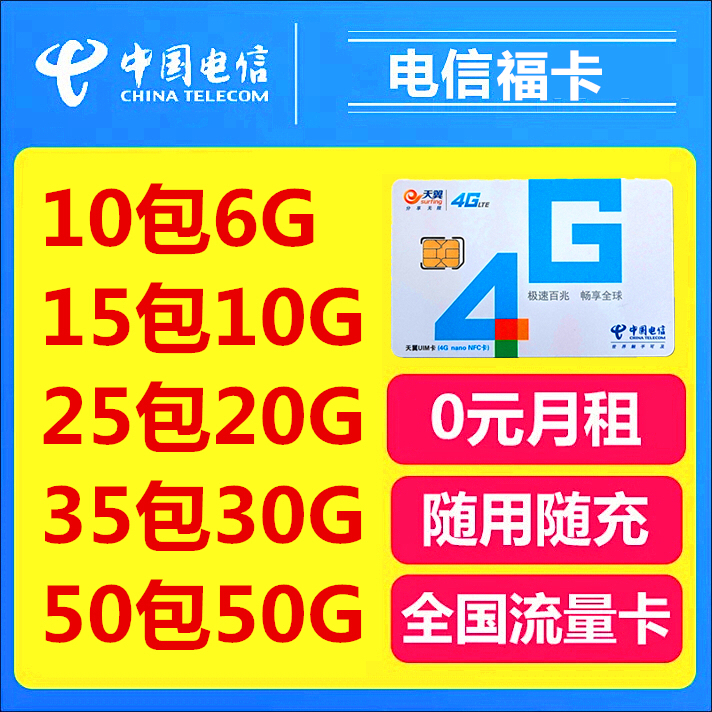 电信福卡 全国0月租流量卡 10元包6g